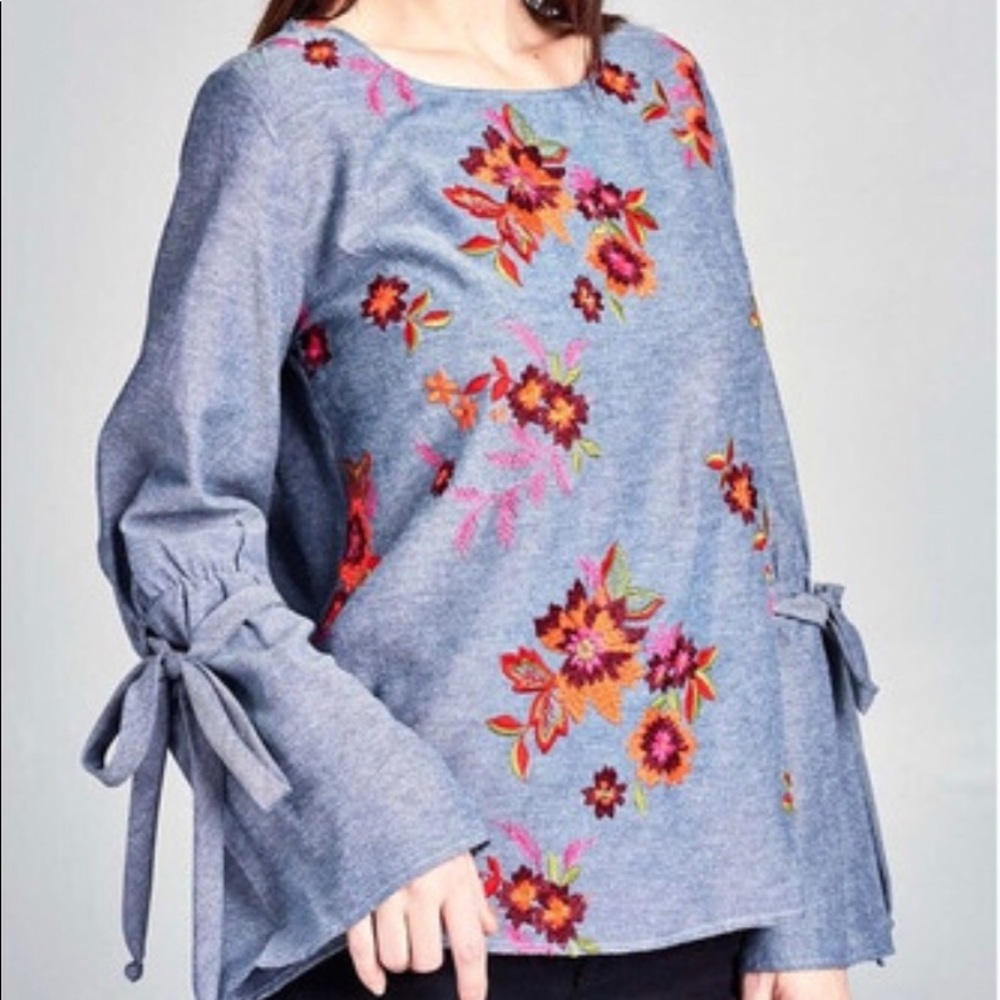 Floral Embroidered Bell Sleeve Top with Tie